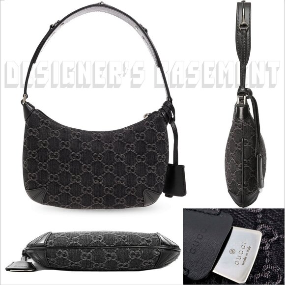GUCCI black Jacquard Denim GG Monogram Horsebit detail SLIM small Shoulder bag🎁 - Picture 5 of 13